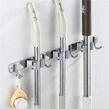 1pc, Mop And Broom Holder Wall Mount, Broom Organizer Storage Tool Racks Stainless Steel Heavy Duty Hooks Self Adhesive Solid Non-Slip For Home Kitchen Garden Laundry Garage