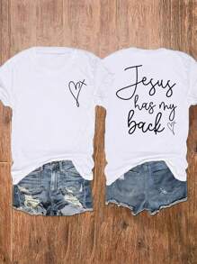 Summer Graphic T-Shirt With "Jesus Has My Back" Print, Christian Faith Lightweight Breathable Casual Simple T-Shirt, Suitable For Summer Vacation Lovers And Christian Women