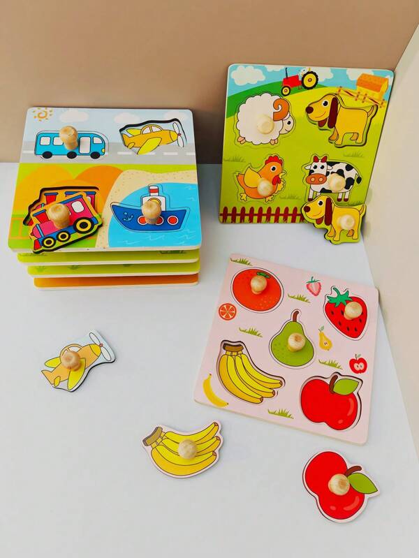 1pc Cartoon Wooden Jigsaw Puzzle Toy, Shape Matching Board, 3D Jigsaw Cognitive Game, Fruits, Animals, Vehicles Patterns, Colors Bright, Montessori Educational Toys, For Preschooler, Students, Teacher Supplies