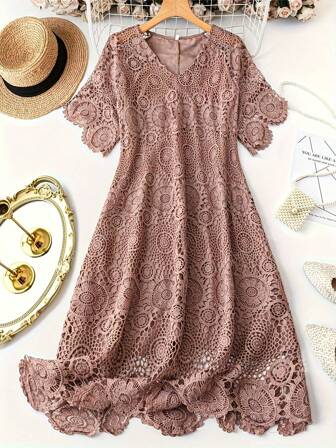 Women's Clothing﻿,Lace V-Neck Plain A-Line Dress,Water Soluble Floral Fabric With Lining, Elegant Short Sleeve Scallop Trim Dress For Spring & Summer