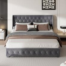 Upholstered Double Bed 140x200cm 160x200cm 180x200cm Bed With Storage Space And Slatted Frame PU Dark Grey (Without Mattress) - 深灰色 - 查看 3