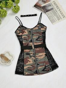 Conjunto de lencería sexy estilo policía de mujer para festival de música, que incluye: vestido con cremallera frontal y encaje, collar de gargantilla con tachas hecho a mano y cinturón