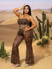 Plus Chic Leopard Print Cami Romper & Flared Pants Set – Summer Outfit For Street Style, Poolside Evenings & Stylish Urban Outings - Brown - View 8