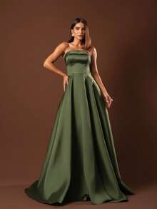 Strapless Party Dress With Cross-Back Closure - Olive Green - View 1
