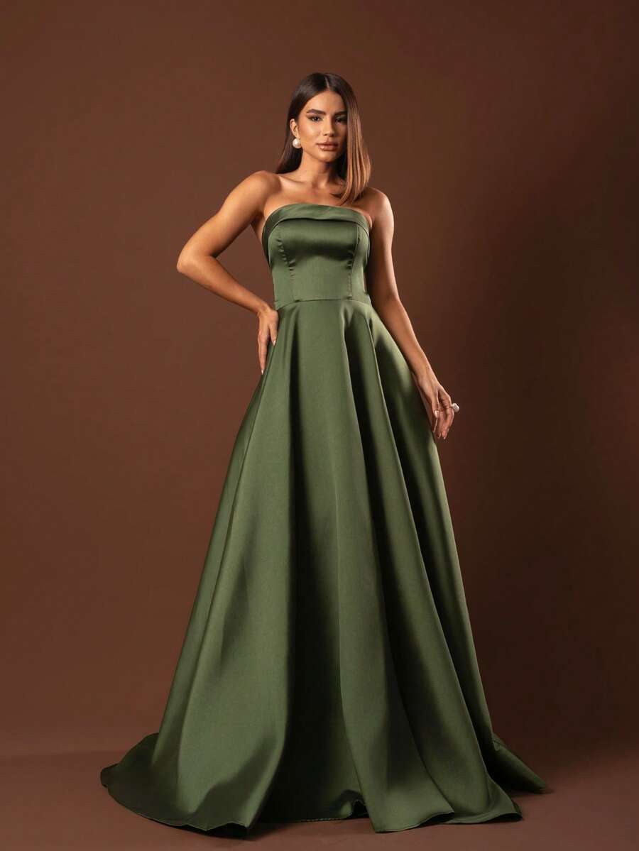 Strapless Party Dress With Cross-Back Closure - Olive Green - View 1