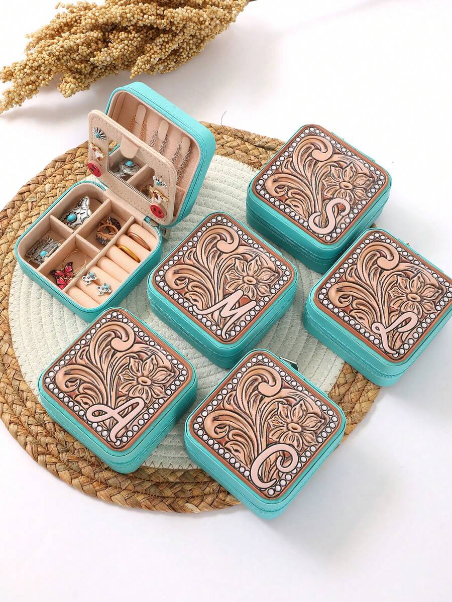 1pc Vintage Bohemian Style Flower Print Leather Jewelry Storage Box With Detachable Letter Element, Sophisticated Fashion, Suitable For Gifts On Occasions Like Valentine's Day, Mother's Day, Graduation