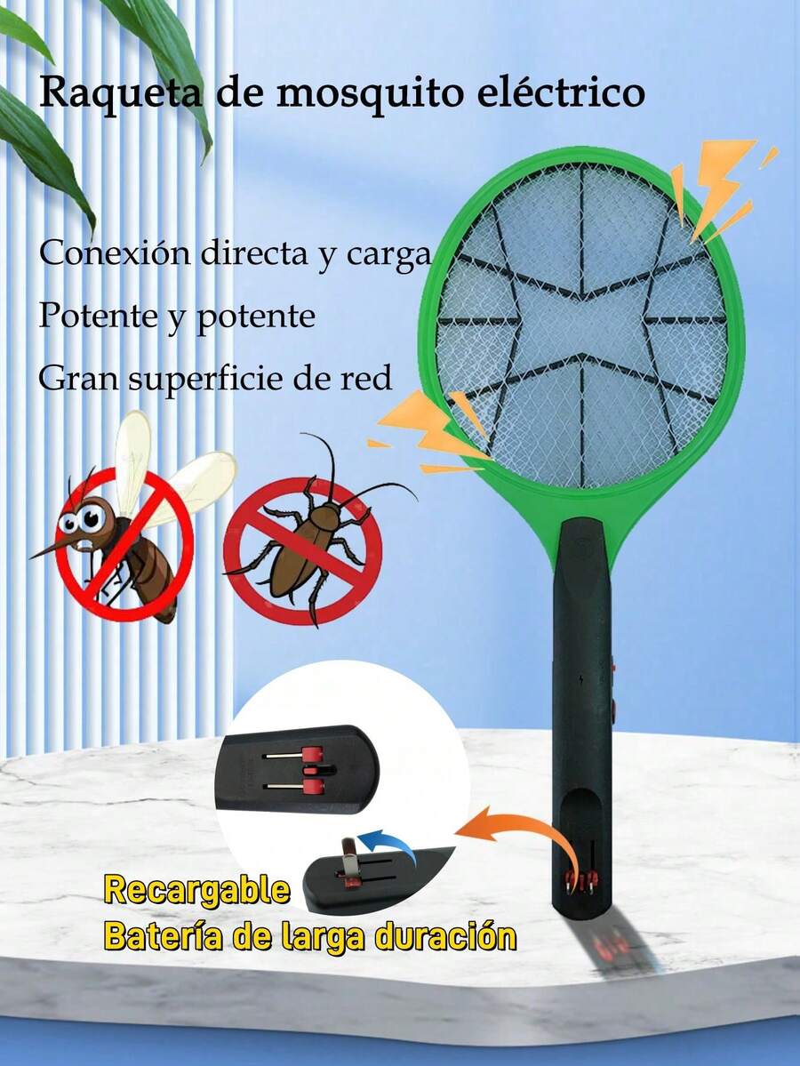 3500V Raqueta Eléctrica Mata Mosquitos Y Moscas Recargable Con Luz Led - Verde - Ver 1