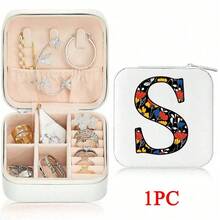 صندوق مجوهرات من الجلد الصناعي مزخرف بزهور مع 26 حرفًا، مناسب كهدية، مزود بأجزاء قابلة للإزالة وحجم محمول