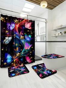 1/4 Pcs Butterfly Printed Bathroom Shower Curtain Set, Fashion Bathroom Decoration, Waterproof Fabric Shower Curtain Set With 12 Hooks, Anti-Slip Bathroom Mat, U-Shaped Toilet Seat Cover Bathroom Accessories