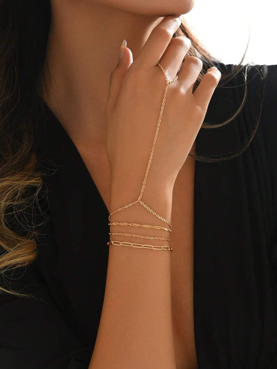 4pcs/Set Versatile Gold Alloy Link Finger Chain, Elegant & Charming Women Jewelry Accessory Suitable For Daily Decoration, Party, Holiday, Music Festival Wearing - Multicolor - View 1