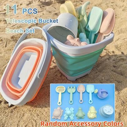 11件儿童可折叠柔和色彩沙滩玩具套装 - 便携式水桶、铲子、水模。户外旅行沙水玩乐工具，早教沙滩玩具。推荐给男孩和女孩的生日、沙滩节日礼物。配件颜色随机搭配