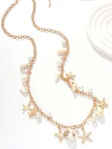 1pc Bohemian Style Shell Chain, Summer Beach Vacation Pearl Starfish Shell Tassel Waist Chain - Gold - View 4