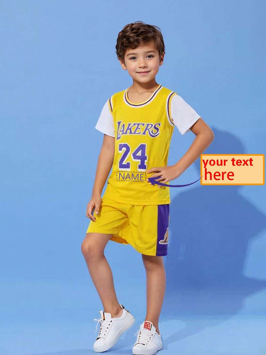 2pcs Kids Basketball Jersey Set - #24, Customizable Name, Boys Basketball Uniform, Personalized Sports Tee And Shorts, Summer Children Activewear, Training & Daily Casual Wear, Multi-Functional, Ornamental, Letter, Stylish, Modern, Colorful, Cute, Adorable, Casual, Custom, Personalized, Unique, Customized, Ideal Gifts For Him, Ideal Gifts For Her - Yellow - View 1