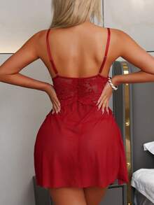 1 Set Sexy Lace & Sheer Mesh Spaghetti Strap Nightgown, Double Slit Hem Lingerie Set - Burgundy - View 5