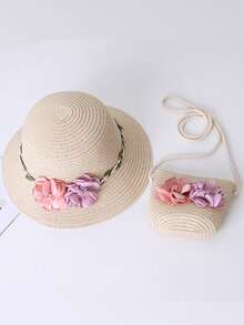 Two Pieces Girls Hat Summer New Cute Princess Fairy Flower Straw Hat Princess Bag Sun Protection Sun Hat Princess Outing Beach Hat Cute Suitable For Daily - Flowers - View 3