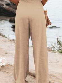 Fooullaide Womens Casual Loose Fit Palazzo Pants Elastic High Waist Lounge Long Pajama Wide Leg Trousers With Pocket - Khaki - View 4