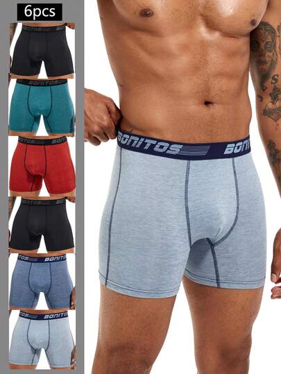 6pcs/Pack Plus Size Men's Stretchy Waistband Letter Print Boxer Briefs, Size M-3XL