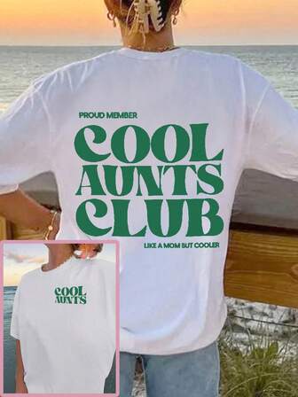 Camiseta blanca holgada y amplia, camiseta casual de cuello redondo y manga corta para mujer con estampado con el eslogan "Club de Tía Genial", estilo de mamá pero talla grande cool, apropiada para todas las edades, excelente para uso diario, salidas y reuniones