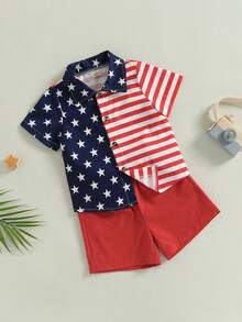 4th Of July Baby Boy Outfit American Flag Short Sleeve Button Down Shirt Elastic Waist Shorts Summer Clothes - 紅色 - 查看 2