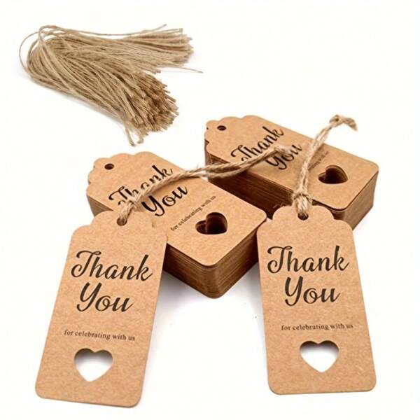 30pcs Kraft Paper Gift Tags With Jute Twine, Pre-Printed Thank You Tags For Birthday, Party, Wedding Decoration - 3.74"X1.77"