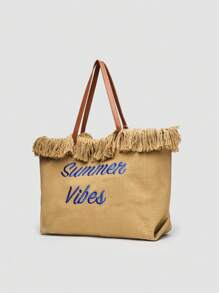 1 pieza Bolsa de lona con borlas de gran capacidad, de estilo casual y moda, bolso de hombro minimalista para ir al trabajo y de compras, adecuado para la calle, viajes y la playa