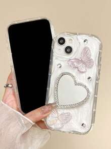 Hand-Made Milky White Resin Rhinestone Heart-Shaped Mirror Phone Case Compatible With IPhone 16 Pro Max, 16/15/14/13/12/11/Pro Max/Pro/Plus, 3D Butterfly & Crystal Precise Full Coverage Shockproof - [Milky White Butterfly Rhinestone Heart Mirror] Cream Edge - View 7