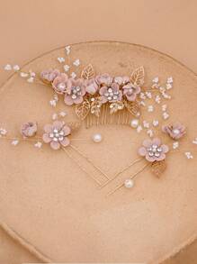 3pcs/Set Bridal Wedding Hair Accessories, Pink Fabric Flower Hairpin & Comb Combo