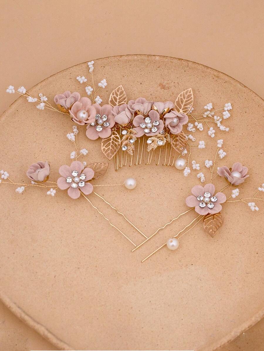3pcs/Set Bridal Wedding Hair Accessories, Pink Fabric Flower Hairpin & Comb Combo