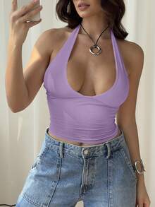 Mystra Women's Solid Color Pleated Slim Fit Halter Neck Camisole - Purple - View 3