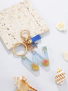 1pc A-Z English Letter Keychain, Resin Drop Glue Oceanic Elements Letter Pendant Keychain For Girls, Summer Starfish, Seashell Decor Random Color Children Bag Accessories