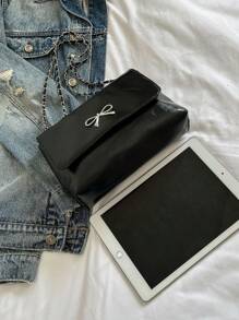 Bolsa de ombro feminina com laço, bolsa feminina elegante de cor sólida, bolsa de trabalho empresarial