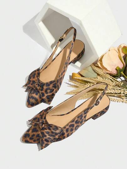 Women's Leopard Print Closed Toe Sandals, Cute Bow Detail, Chunky Heel, Comfortable Back Strap, Versatile For Work, Casual, Party, High Heel Shoes Summer