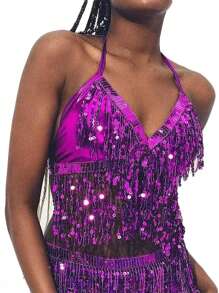 Costume da ballo del ventre con frange e paillettes, costume da cantante con schiena scoperta adatto per discoteca e bar