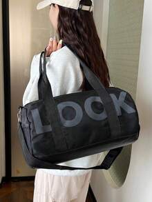 Bolsa de lona con decoración de letras, de gran capacidad, para viajes cortos, bolsa de gimnasio, bolsa de yoga, mochila escolar, bolsa deportiva unisex para deportes, acondicionamiento físico, ejercicio, viajes, vacaciones, para mujeres y hombres, artículo de viaje duradero - Negro - Ver 7