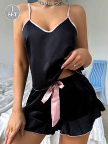 1 set da donna in raso sexy, composto da canotta e pantaloncini pigiama, con fiocco e balze, comodo loungewear in seta, adatto per vacanze