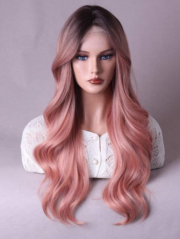 Front Lace Pink Wig. A Pink Long Wavy Synthetic Fiber Wig Cap, Suitable For Parties And Festivals. (26 Inches)