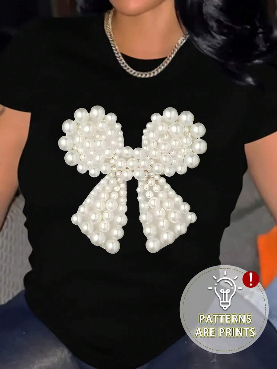 Summer Faux Pearl Element: Fashionable Bowknot T-Shirt