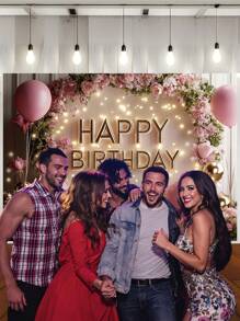 1pc 3D Floral Happy Birthday Photography Backdrops Pink Golden Balloons Flowers Party Banner 59.1*39.4/82.7*59.1/94.5*70.9/106.3*70.9 Inches Roses Green Leaves Photo Background Indoor Outdoor Newborn Shower Decoration Supplies