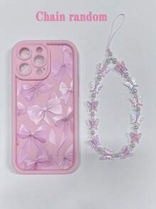 1pc Bow Pattern Phone Case With Beaded Chain, Suitable For IPhone 16, 11, 15, 14, 13, 12 Pro Max, XR, Plus, Christmas Gift, Fashionable Ladies Gift, Stylish Present