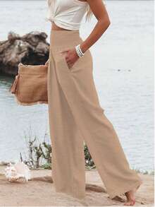 Fooullaide Womens Casual Loose Fit Palazzo Pants Elastic High Waist Lounge Long Pajama Wide Leg Trousers With Pocket - Khaki - View 2