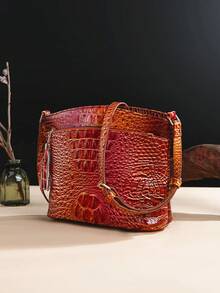 Classic Crocodile Pattern Gradient Crossbody Bag - PU Leather Textured Purse - Versatile Fashion Shoulder Bag With Adjustable Strap And Tassel For Women - 3#Cam+Đỏ - Xem 3