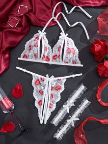 全新黑色柔软红唇蕾丝性感内衣露胸蝴蝶结胸罩裆丁字裤吊袜带女士情趣内衣套装