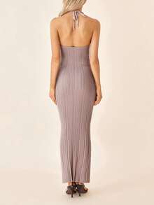 Women Knit Dress, Sleeveless Halter Dress Backless Ribbed Solid Summer Long Dress - Khaki - View 9
