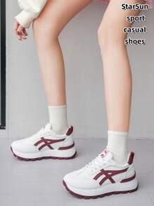 Women Leather Round Toe Lace-Up Platform Casual Sport Sneakers, Rubber Sole Waterproof Non-Slip Durable Lightweight Running Shoes, Versatile Daily Wear Casual Shoes For Spring Autumn