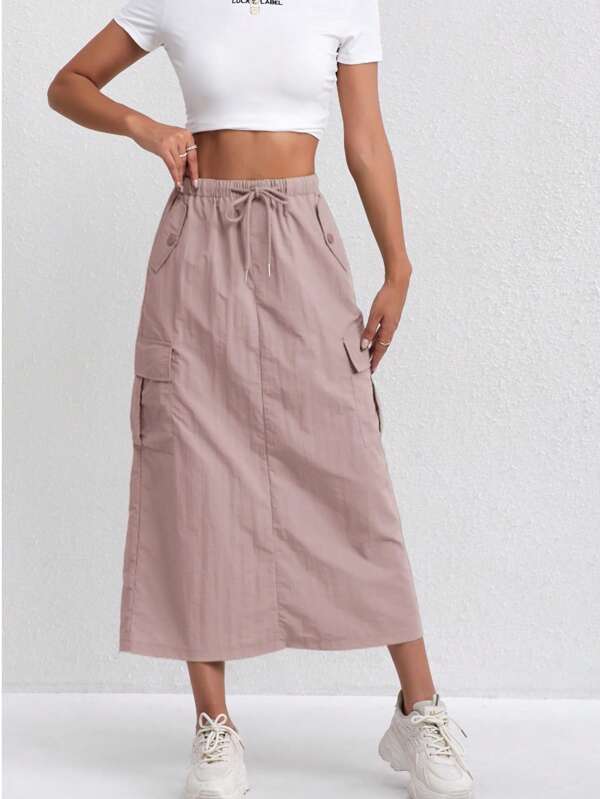 Amerikanischer Stil Damen Outdoor Cargo Rock, vintage A-Linien Unterrock aus atmungsaktivem leichtem Stoff mit mehreren Taschen, hochgeschnittener Taillenbund mit schlankem Design und Schlitz
