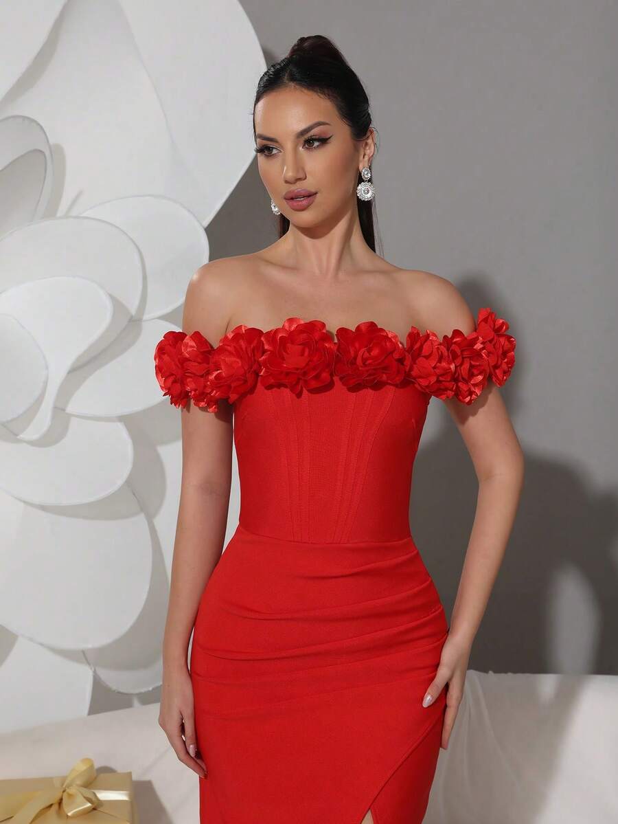 Modphy Nuevo vestido de tubo sólido y sexy con hombros descubiertos, confeccionado a mano con flores 3D, elegante para vacaciones, bodas, damas de honor, fiestas de cumpleaños, vestidos de noche formales, vestidos de fiesta, vestidos para invitados de boda - Rojo - Ver 1