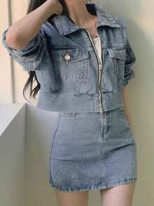 2025新款女式两件套休闲百搭短款牛仔套装 - 藍色 - 查看 2