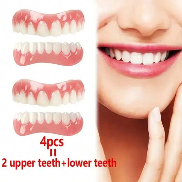 4pcs/Set New Upgrade Nonporous Upper And Lower Teeth Braces, Simulated Dentures, Perfect Smile Teeth Decoration