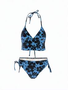 Women's Printed Tie-Front Bikini 2 Pieces Swimwear - Dusty Blue - View 1