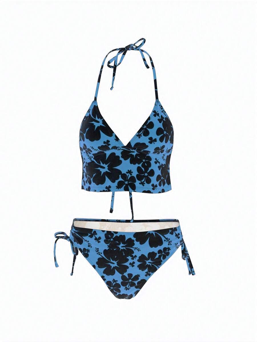Women's Printed Tie-Front Bikini 2 Pieces Swimwear - Dusty Blue - View 1
